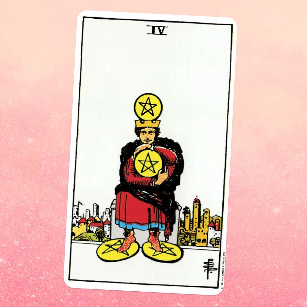 the tarot card the four of coins, showing a person standing on two coins and holding two more