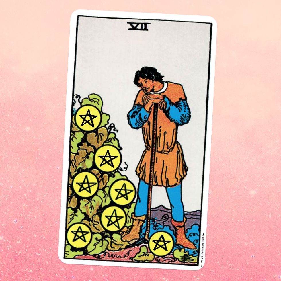 the tarot card the seven of coins, showing a man leaning on a walking stick, a pile of seven coins emblazoned with stars next to him
