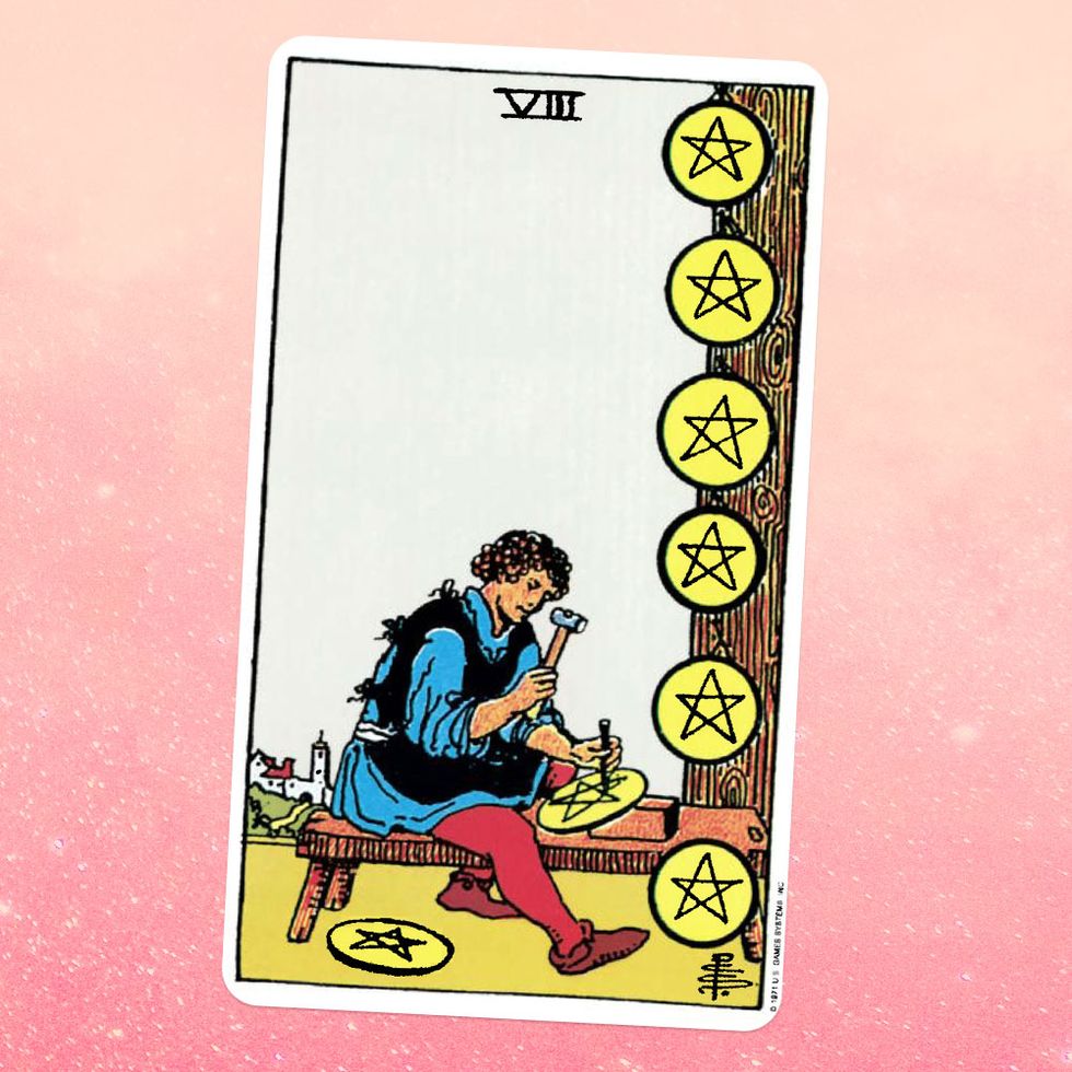 the tarot card the eight of coins, showing a person in a tunic and tights carving a star into a giant coin six coins are lined up on a tree next to them, and another is on the ground