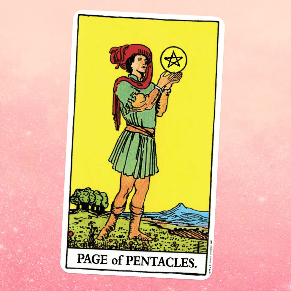 the tarot card the page of coins, showing a young person in a tunic and leggings holding up a coin with a star shaped pentacle on it