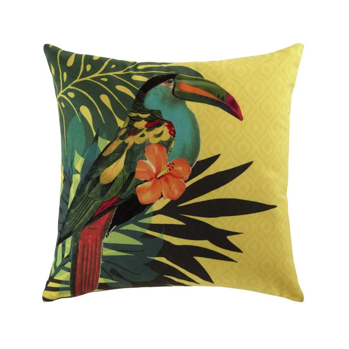 cojín amarillo con estampado tropical toucan