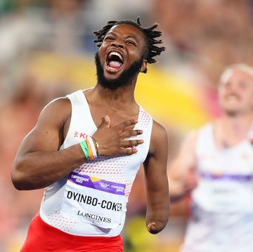 birmingham, england august 02 emmanuel temitayo oyinbo coker of team england celebrates winning the gold medal in the mens t45 47 100m final on day five of the birmingham 2022 commonwealth games at alexander stadium on august 02, 2022 in the birmingham, england photo by shaun botterillgetty images