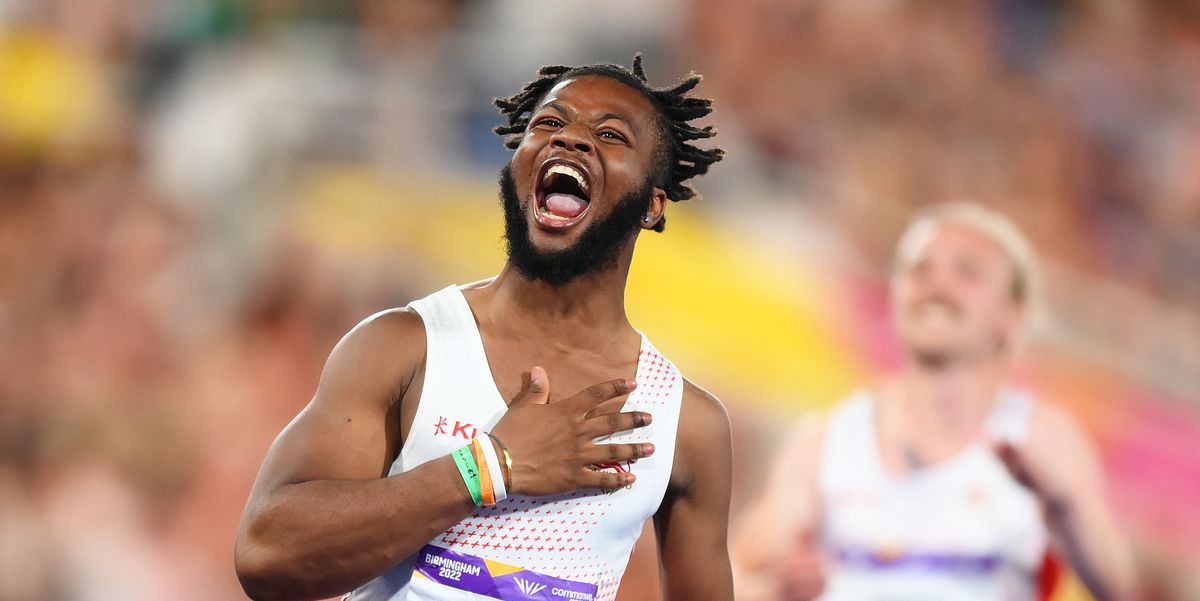 birmingham, england august 02 emmanuel temitayo oyinbo coker of team england celebrates winning the gold medal in the mens t45 47 100m final on day five of the birmingham 2022 commonwealth games at alexander stadium on august 02, 2022 in the birmingham, england photo by shaun botterillgetty images