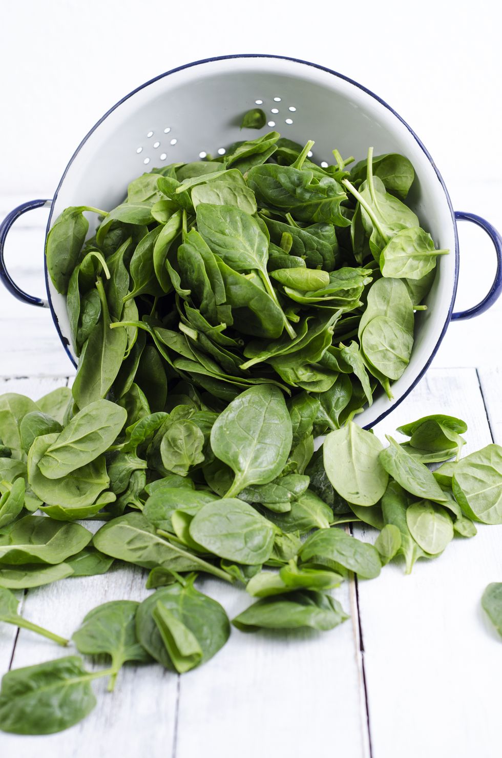 Colander and fresh spinach leaves