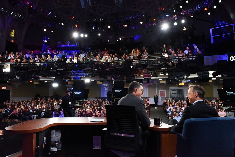 new york september 13 the late show with stephen colbert and guest jake tapper during thursday's september 13, 2019 show photo by scott kowalchykcbs via getty images