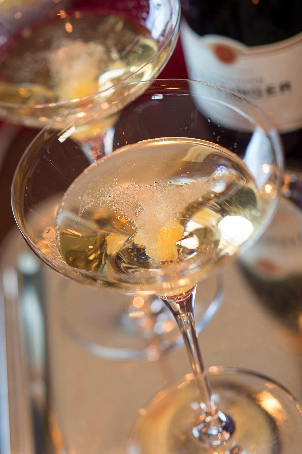 Drink, Champagne stemware, Alcoholic beverage, Champagne cocktail, Alcohol, Wine, Classic cocktail, Distilled beverage, Stemware, Glass, 