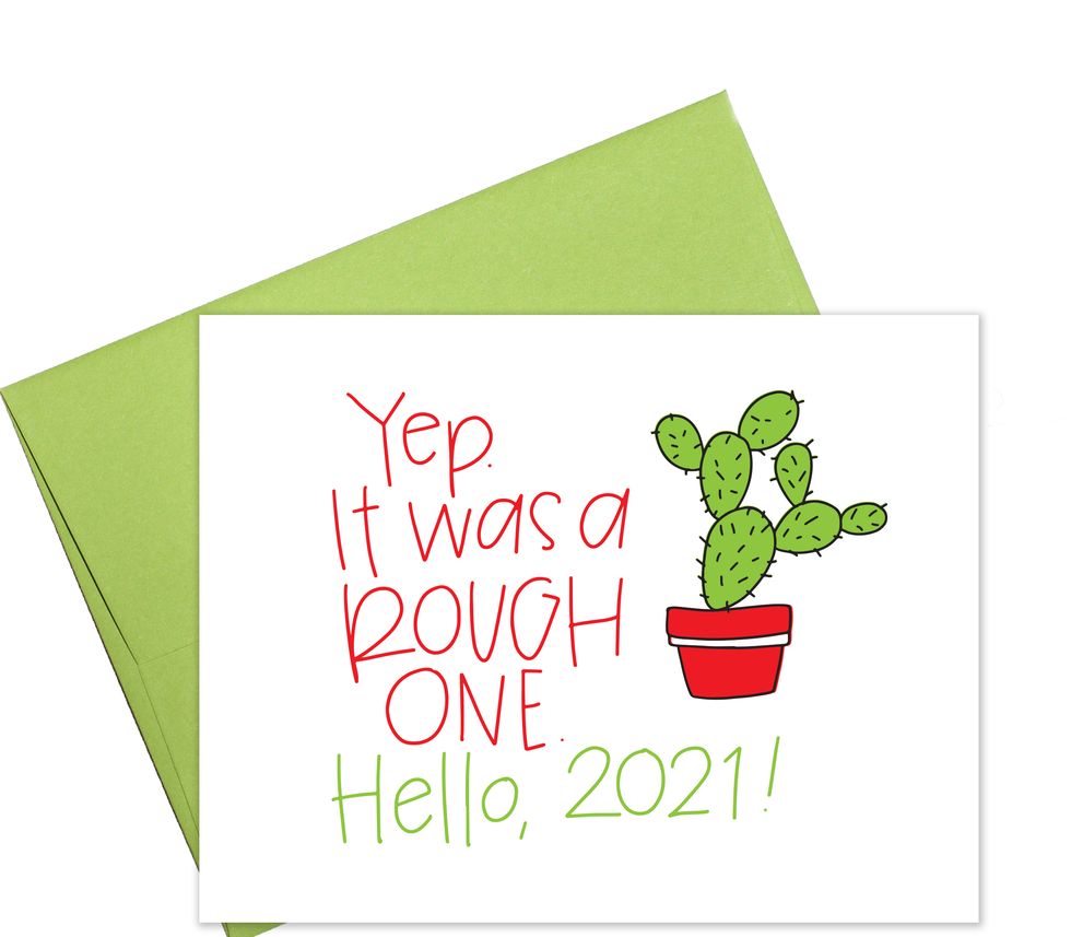 a card by colette paperie, featuring a prickly cactus, says, “yup it’s been a rough one hello, 2021”