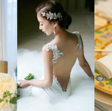 Dress, Yellow, Gown, Wedding dress, Bride, Skin, Headpiece, Bridal clothing, Wedding ceremony supply, Wedding cake, 