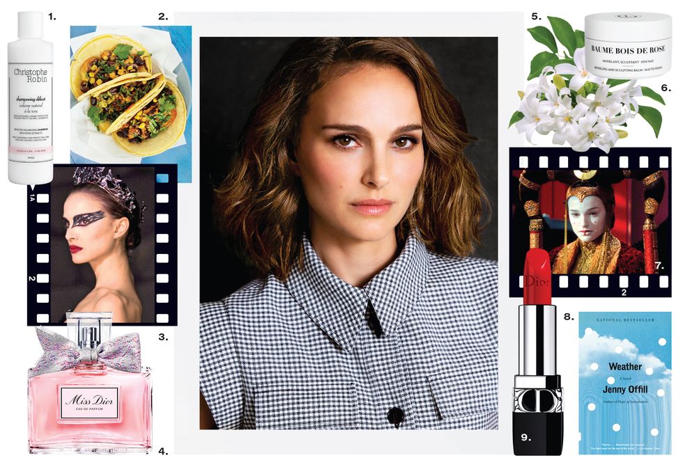 collage of natalie portman and various beauty product photos