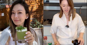 a woman holding a drink and a woman holding a plant