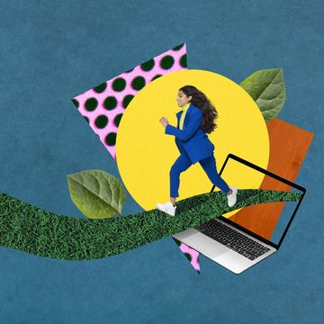 collage de imágenes de una mujer saliendo de un ordenador corriendo por un camino de hierba rodeada de formas de colores