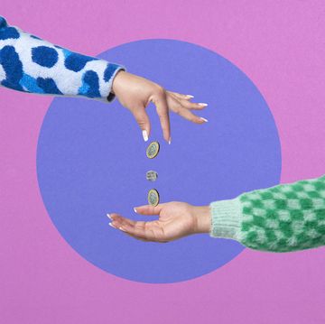 collage image of hand dropping coins into another hand