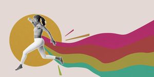 collage of energetic woman in yoga outfit  leaping through the air with rainbow trail