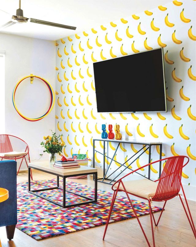 colorful room with banana wallpaper