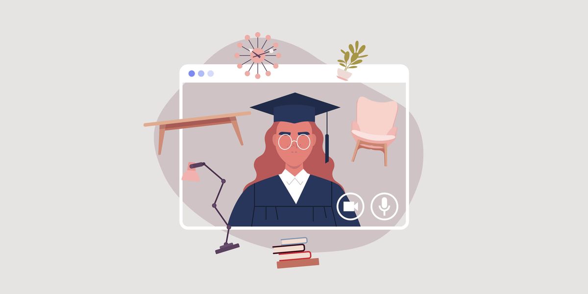graphic of a woman with a college grad outfit on with little images of a chair, table, lamp, and other accessories around her