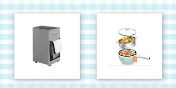 a gray laundry hamper and an electric pot with food in it