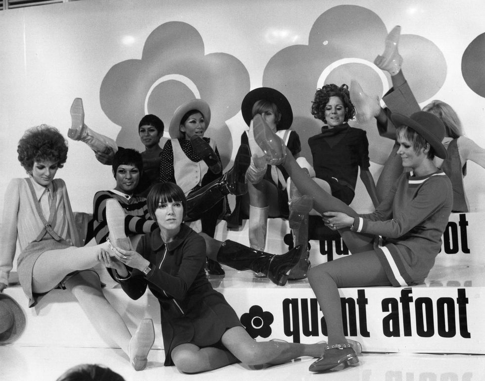 english fashion designer mary quant front, centre, at her show of fashion footwear, quant afoot  photo by george frestonfox photoshulton archivegetty images