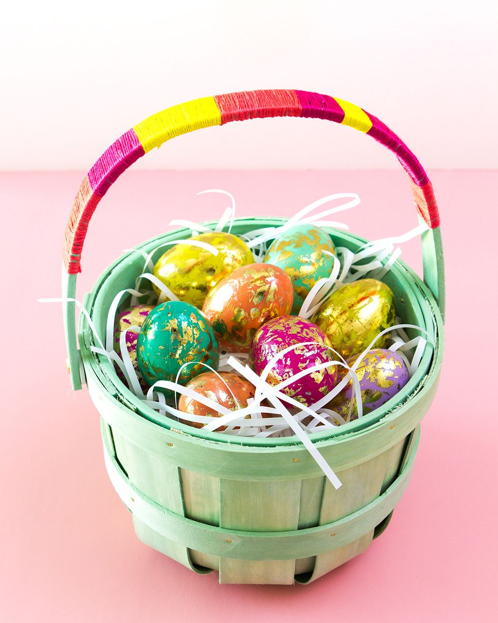 color block easter basket filled with eggs