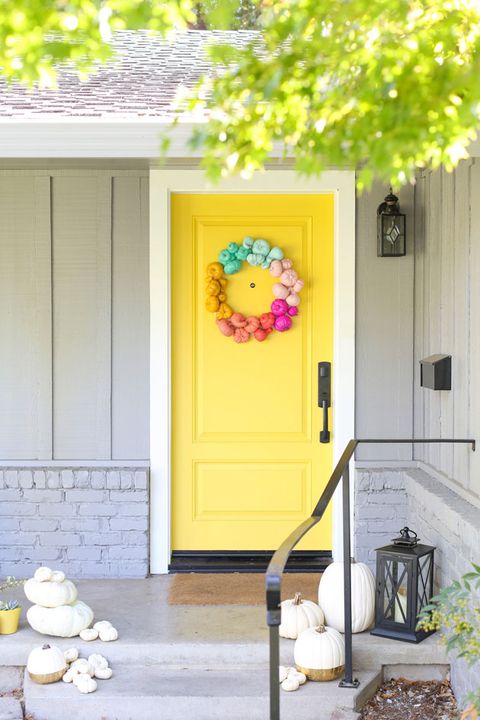 Yellow, Leaf, Door, Porch, Room, Home, House, Yard, Tree, Interior design, 