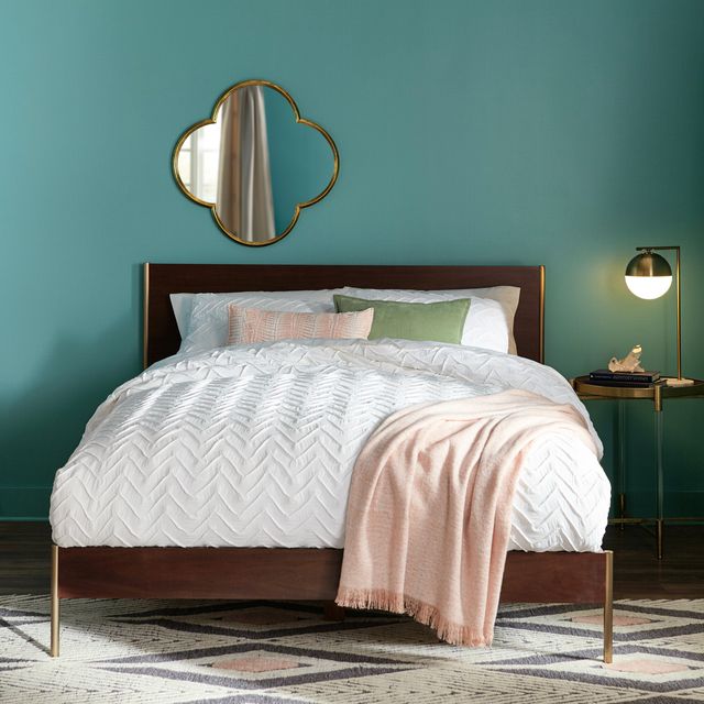 Bedroom, Furniture, Bed, Room, Bed frame, Bed sheet, Bedding, Nightstand, Turquoise, Interior design, 