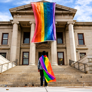 a person draped in a lgbtq flag stands in front of city hall in colorado springs, which is hanging a larger lgbtq flag