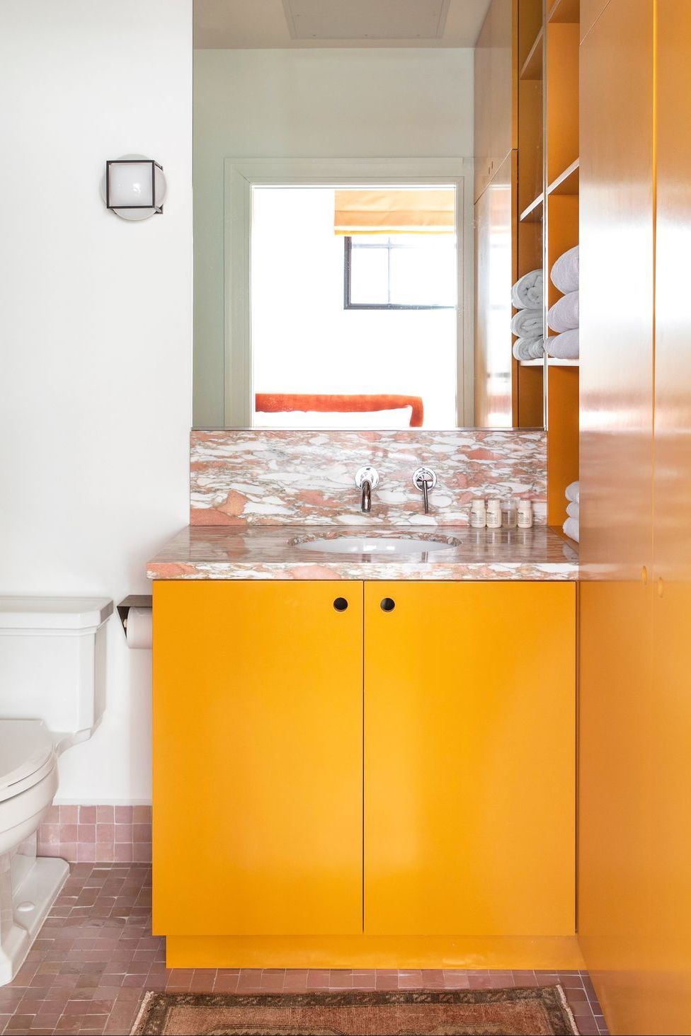 Orange, Room, Yellow, Property, Furniture, Cabinetry, Kitchen, Interior design, House, Building, 