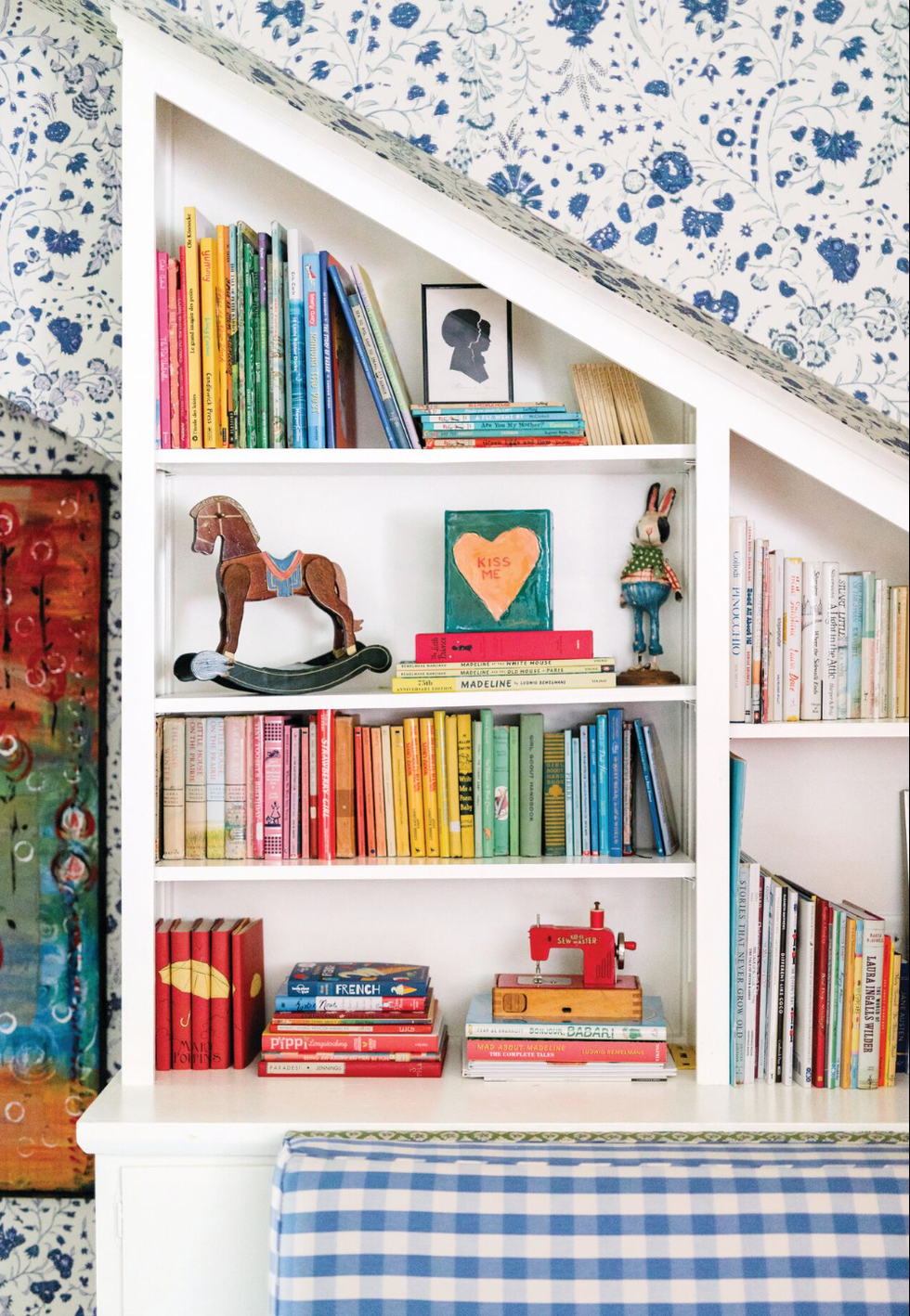 colorful bookshelves stocked with vintage vintage books