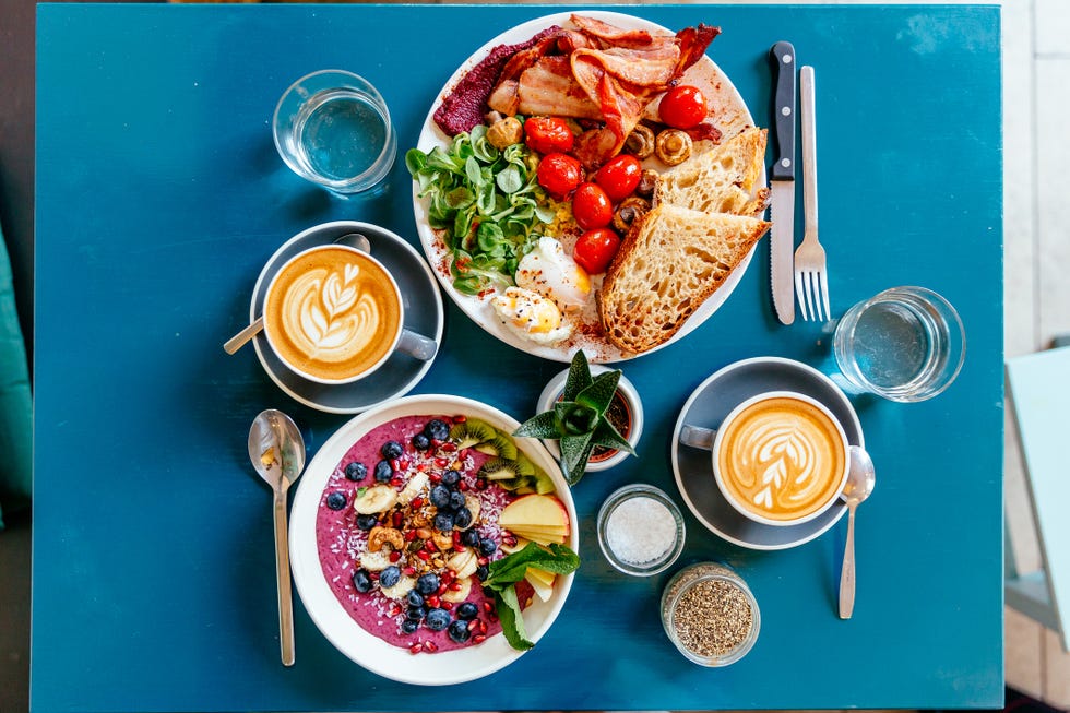 colorful breakfast at the cafe, high angle view