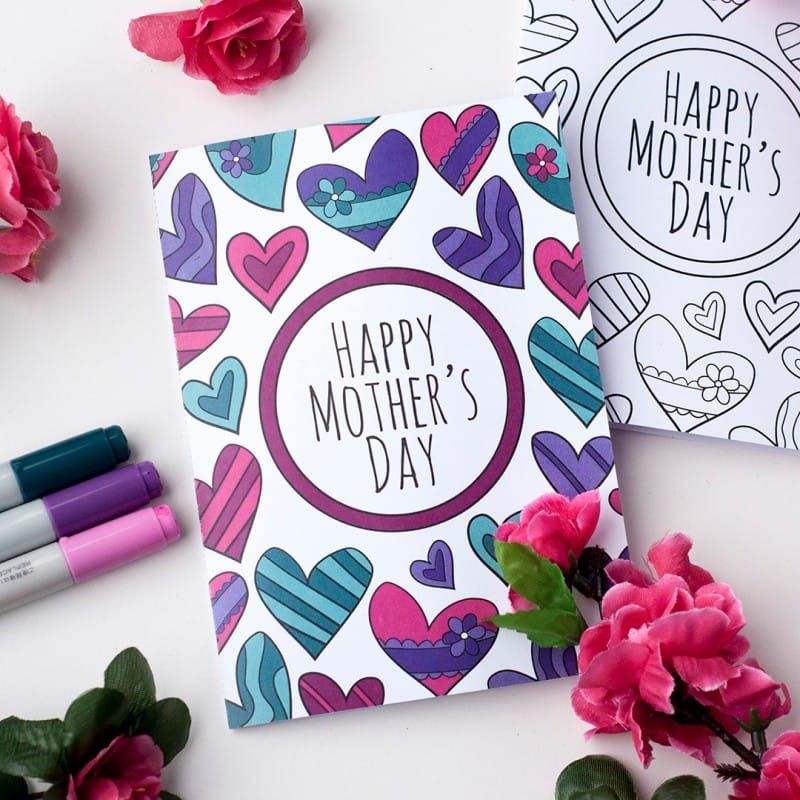 color it yourself printable card with heart illustrations surrounding a circle that says happy mother's day