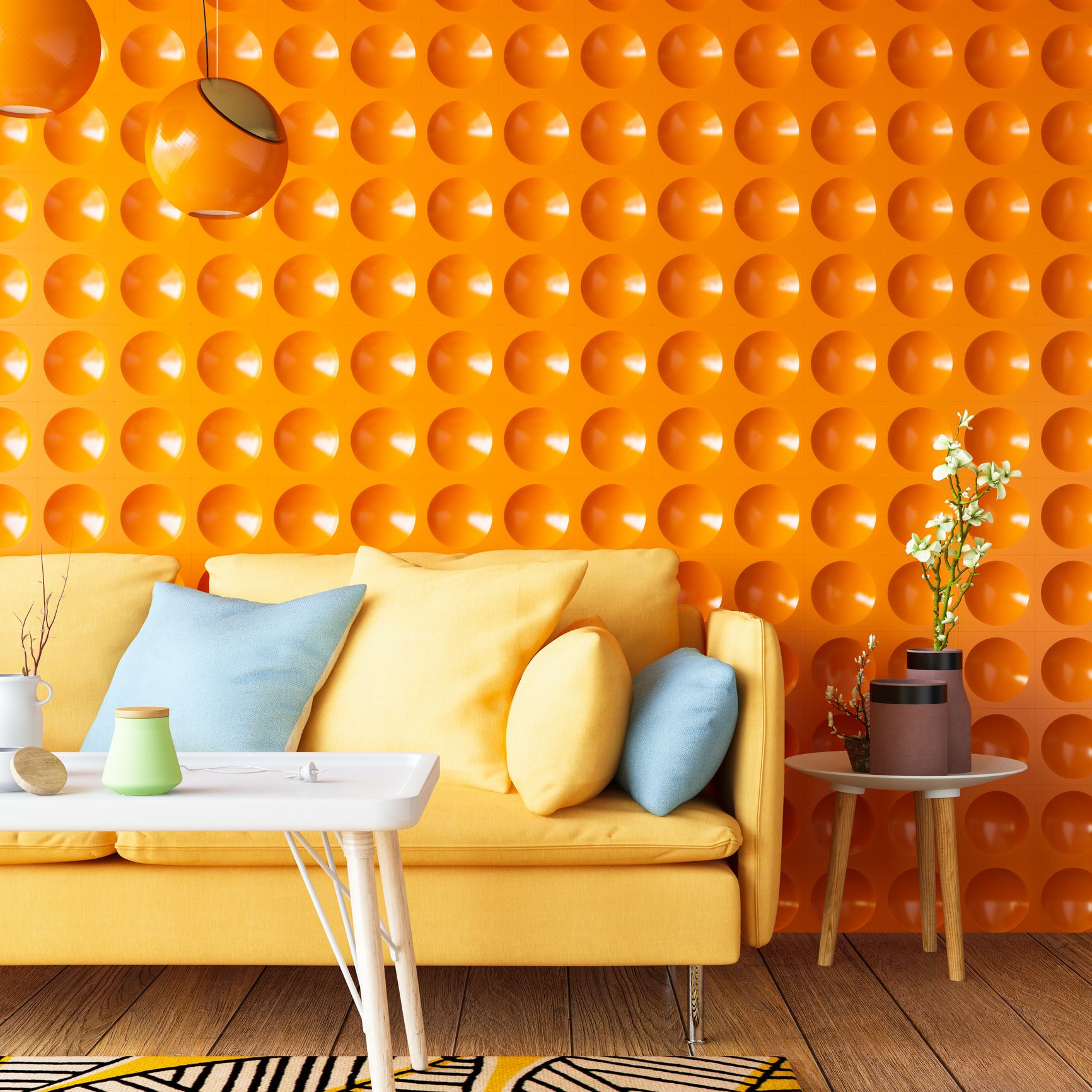 5 Best Interior Design Trends Of 2024 According To Experts Redhills   Colorful Sofa With Geometric Orange Wall Royalty Free Image 1702495772 