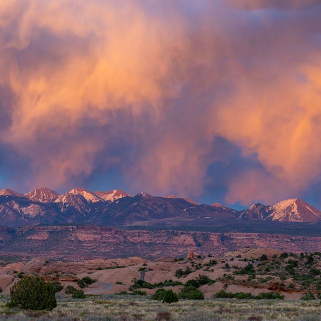 colorful sunset clouds over the la sal mountains near moab