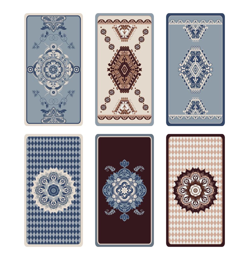 Colorful vector design for Tarot, playing cards, poker cards, reverse side. Geometric ornamental pattern, background. Abstract rectangular template