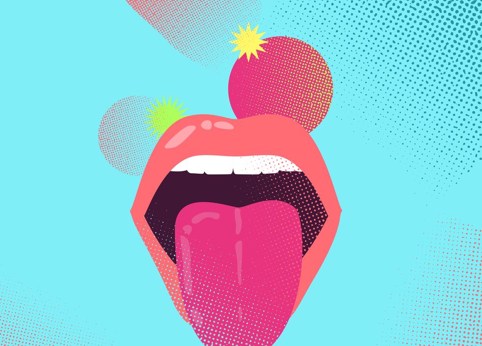 colorful woman lips with stick out tongue on blue textured background