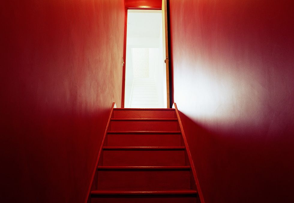 Red, Stairs, Light, Orange, Lighting, Line, Wall, Room, Architecture, Door, 