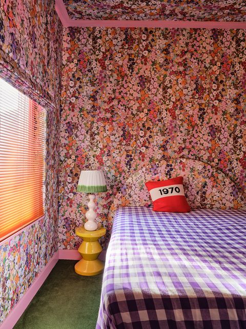 bedroom with pink wallpaper