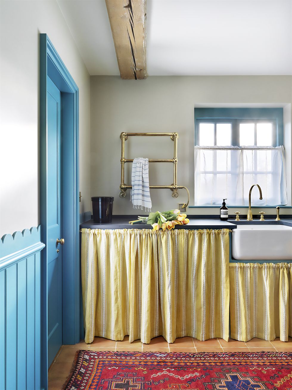 yellow and blue utility room