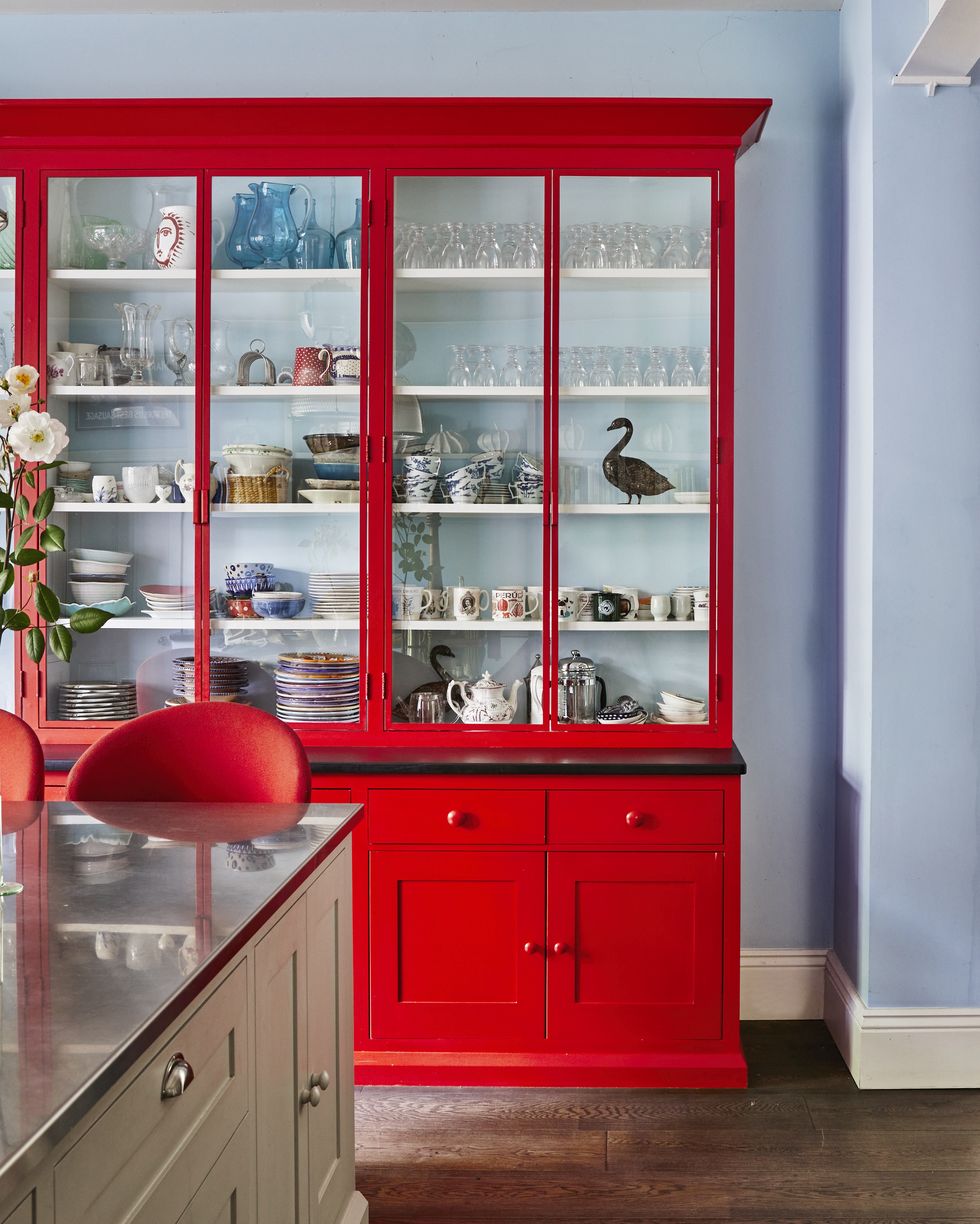 sky blue red kitchen dresser