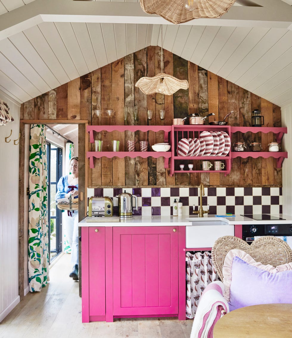 colourful shepherds hut at dorset farmhouse