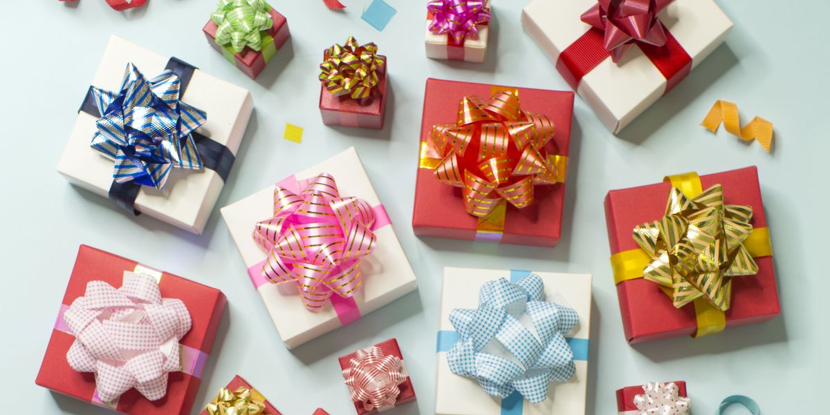 colourful gift boxes on light blue background pattern