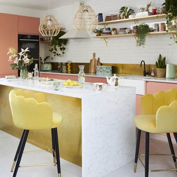 colourful kitchen with yellow velvet bar stools, vivian bar stool old gold