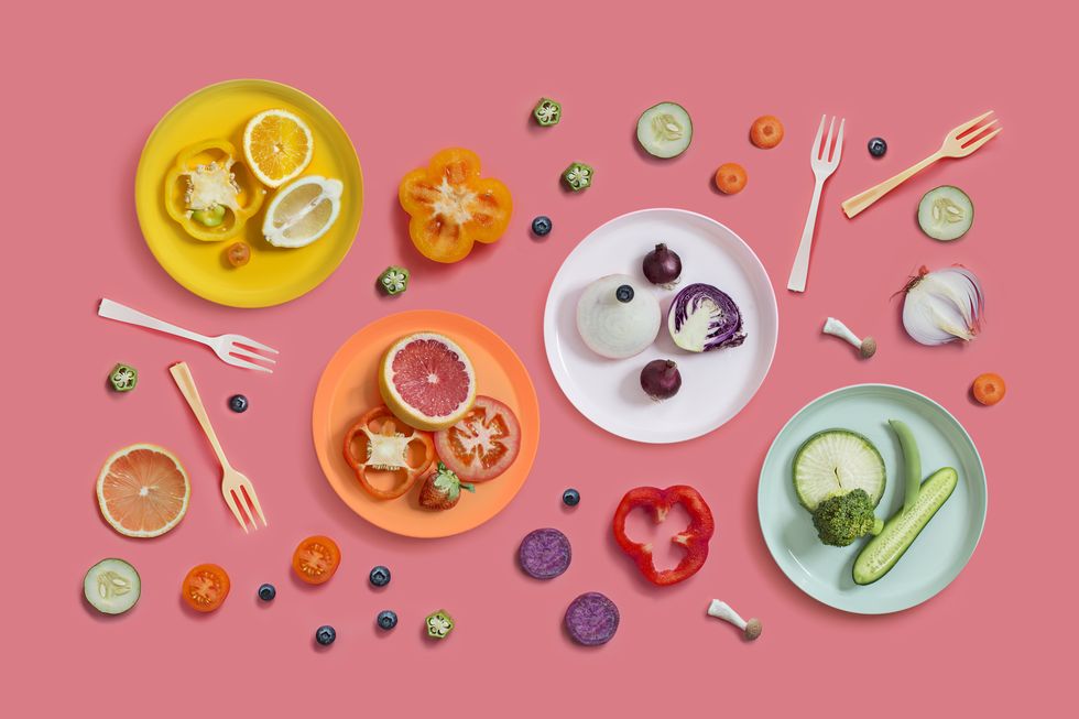 colourful vegan food eating conceptual still life
