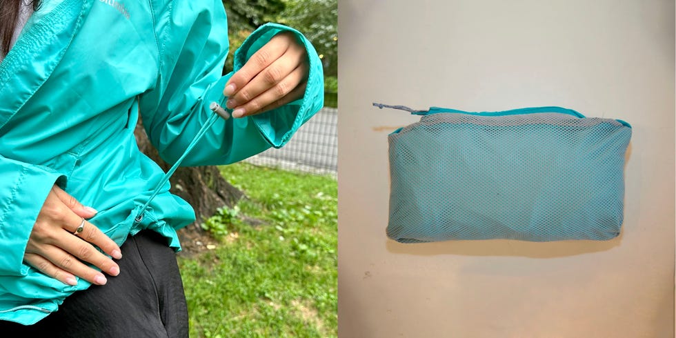 a close up of someone pulling the hem drawcord on the columbia rain jacket and a picture of the columbia rain jacket packed into its own mesh pocket