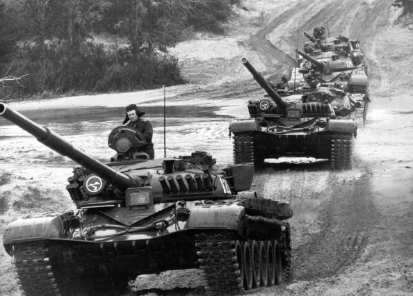 A column of soviet t-72 m1 tanks on maneuvers during military exercises in the ukrainian ssr, august 1987.