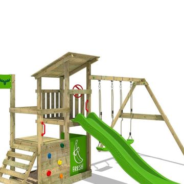 parque infantil de madera fruityforest con columpio y tobogán