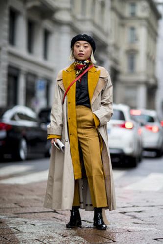 Street fashion, Clothing, Trench coat, Yellow, Fashion, Overcoat, Coat, Outerwear, Fashion model, Beige, 