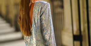 paris, france   october 26 maria rosaria rizzo wears a sequined shiny glittering short dress with long sleeves from alcoolique on october 26, 2020 in paris, france photo by edward berthelotgetty images