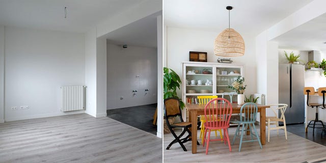 comedor moderno y colorido antes y después