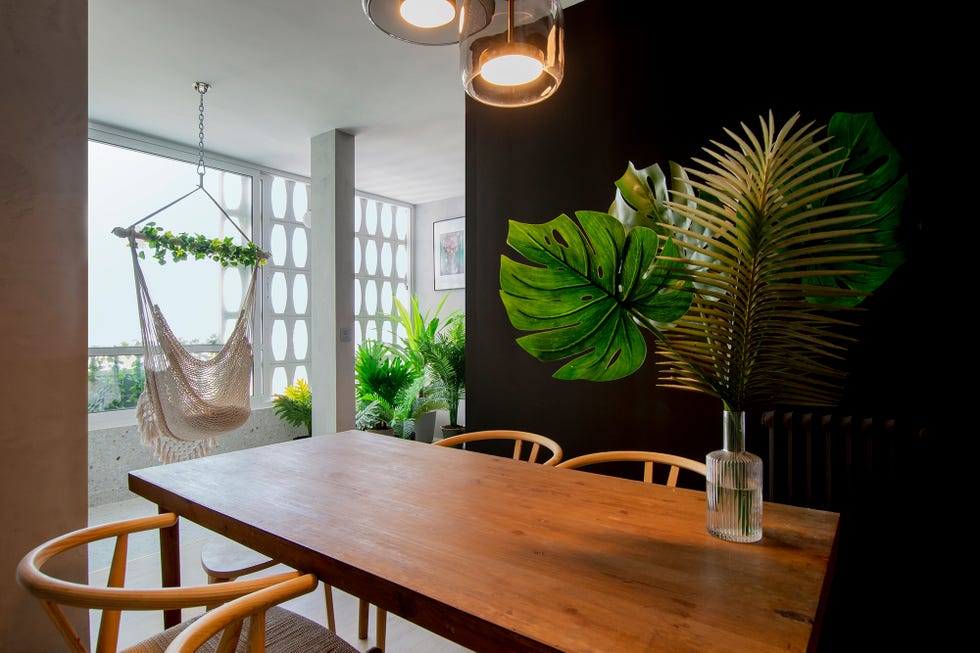 comedor abierto decorado con plantas exóticas