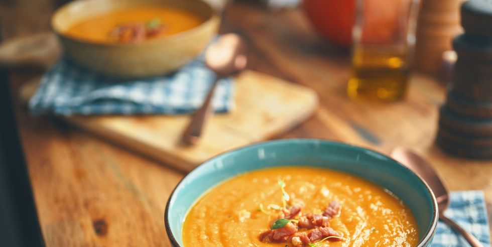 comfort food pumpkin soup with roasted bacon