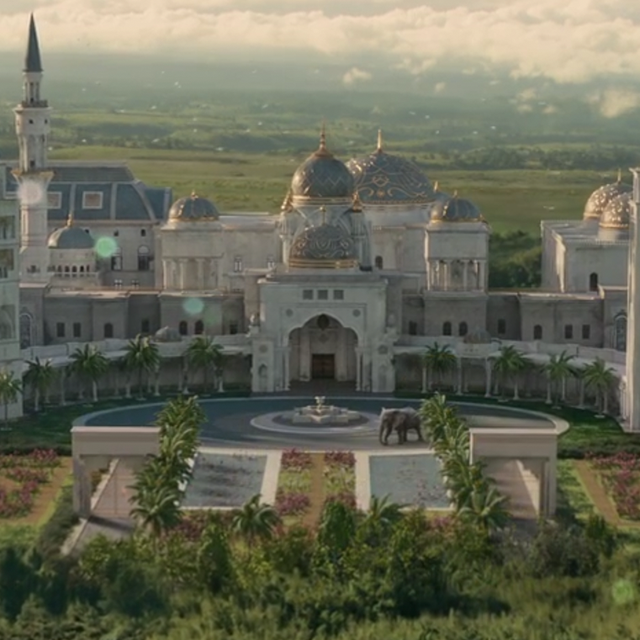 the royal palace of zamunda in coming 2 america, created using cgi and rick ross's fayetteville, georgia mansion